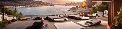 Harbourside terrace with a desk overlooking the water