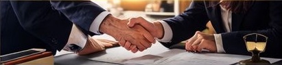 Two people shaking hands over a signed agreement